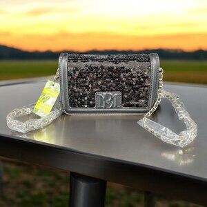 Badgley Mischka Vegan Leather Black Sequin Crossbody Bag‎ Chain Strap Glam NWT